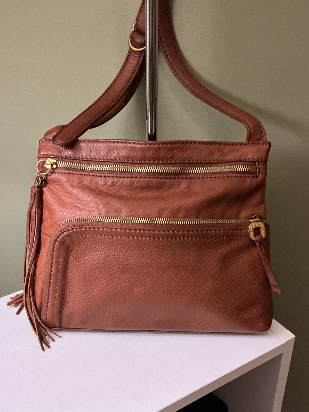 HOBO Vintage Cassie Double Zip Brown Leather Crossbody Bag Tassel Zip Pull